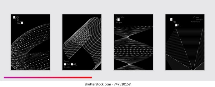 Minimal black banners with futuristic 3D meshes. Abstract white grid shape on dark background. Social media template. Future geometric design.