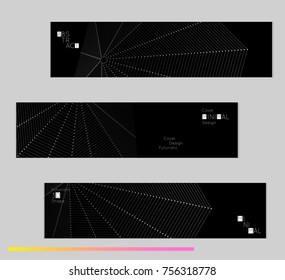 Minimal black banners with futuristic 3D meshes. Abstract white grid shape on dark background. Social media template. Future geometric design.