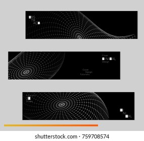 Minimal black banners with futuristic 3D meshes. Abstract white grid shape on dark background. Social media template. Future geometric design.