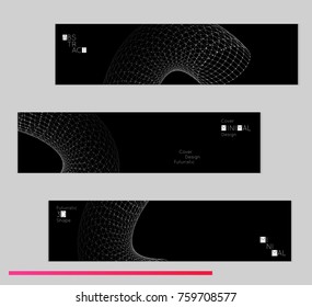 Minimal black banners with futuristic 3D meshes. Abstract white grid shape on dark background. Social media template. Future geometric design.