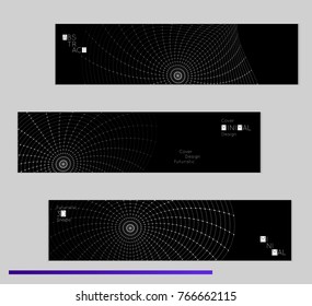 Minimal black banners with futuristic 3D meshes. Abstract white grid shape on dark background. Social media template. Future geometric design.