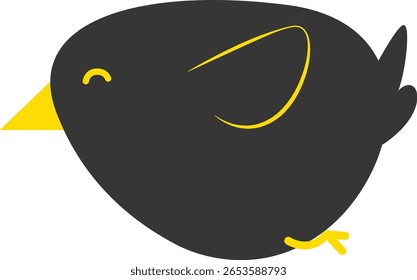 Minimal black bird illustration with closed eyes and yellow accents, great for modern decor, stickers, bedtime books, and simple cute designs.