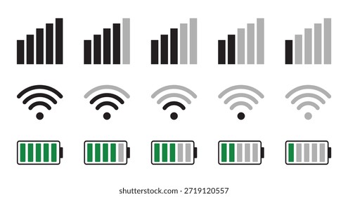 Minimale schwarze und blaue Vektorsymbole, die die Signalstärke mobiler Geräte, Wi-Fi-Konnektivität, Netzwerk- und Akkuladung anzeigen.Vektorgrafik.