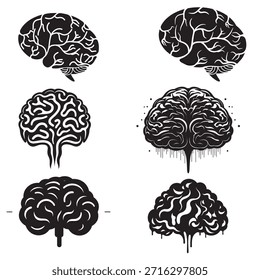 Minimal black brain icon set representing human intelligence, psychology, neuroscience, and mental health concepts in flat vector style.
