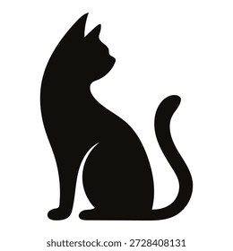 Silueta de gato negro minimalista en elegante pose de sentado. Icono de Vector limpio perfecto para logotipos, diseños de Halloween, tatuajes, carteles, pegatinas, marcas, decoración del hogar y proyectos gráficos modernos