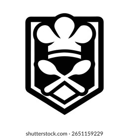 Minimal black chef logo with crossed spoons and chef hat inside badge-style modern shield outline.