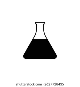 Minimal black chemistry flask icon filled halfway with liquid on a white background. Ideal for science, lab, education, research, or medical-themed design projects.
