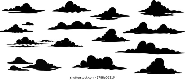 Minimal black cloud silhouette collection isolated on white background. Simple vector cloud shapes ideal for weather icons, sky illustrations, gaming assets and graphic design projects.