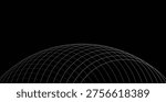 Minimal black composition with a white wireframe grid dome forming an abstract spherical mesh and curved horizon, conveying technology, geometry, futurism and digital connectivity in a high-contrast, modern scene.