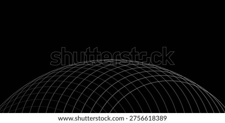 Minimal black composition with a white wireframe grid dome forming an abstract spherical mesh and curved horizon, conveying technology, geometry, futurism and digital connectivity in a high-contrast, modern scene.