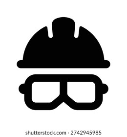 Minimal black construction safety icon featuring hard hat and protective goggles. Ideal for workplace safety materials, PPE guidelines, industrial signage, building site graphics and occupational health design projects.