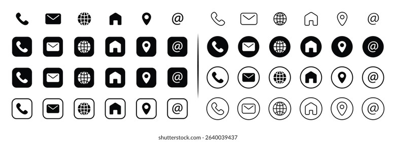 minimal black contact web icons set – phone, mail, location, home, globe, at symbol – solid and outline