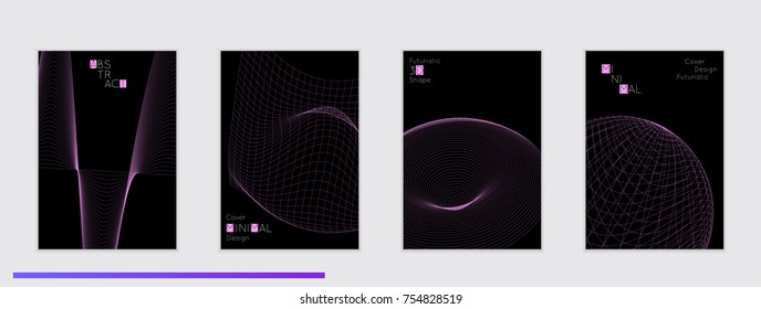 Minimal black cover templates with futuristic 3D meshes. Abstract grid shape on dark background. Social media web banner. Future geometric design.