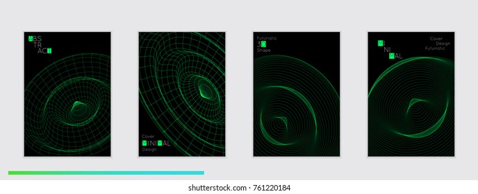 Minimal black cover templates with futuristic 3D meshes. Abstract grid shape on dark background. Social media web banner. Future geometric design.