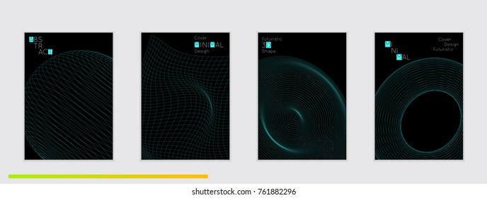 Minimal black cover templates with futuristic 3D meshes. Abstract grid shape on dark background. Social media web banner. Future geometric design.