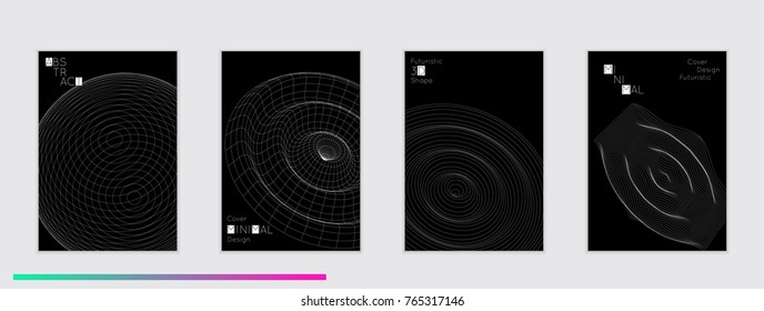 Minimal black cover templates with futuristic 3D meshes. Abstract grid shape on dark background. Social media web banner. Future geometric design.