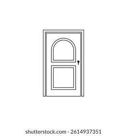 Minimal black door icon with classic panel and keyhole detail on a white background, ideal for architecture, construction, interior design, and vector illustrations.