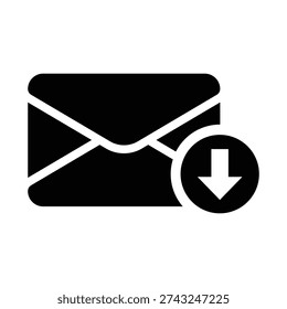 Minimal black email envelope icon with download arrow. Modern incoming mail and message download symbol ideal for inbox applications, notifications, communication platforms and clean monochrome interface design.