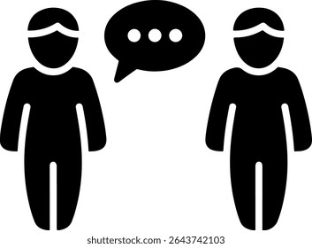 Minimal black filled icon representing human interaction, featuring two simplified human figures facing each other, symbolizing communication, teamwork, or social connection.