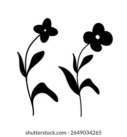 Minimal Black Flower Silhouette Icon with Leaves for Art and Crafts,Simple Floral Vector Design, Bloom with Stem and Leaves.  
