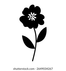 Minimal Black Flower Silhouette Icon with Leaves for Art and Crafts,Simple Floral Vector Design, Bloom with Stem and Leaves.  