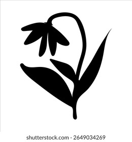 Minimal Black Flower Silhouette Icon with Leaves for Art and Crafts,Simple Floral Vector Design, Bloom with Stem and Leaves.  