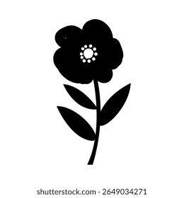 Minimal Black Flower Silhouette Icon with Leaves for Art and Crafts,Simple Floral Vector Design, Bloom with Stem and Leaves.  