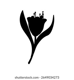 Minimal Black Flower Silhouette Icon with Leaves for Art and Crafts,Simple Floral Vector Design, Bloom with Stem and Leaves.  