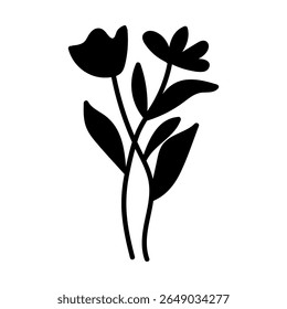 Minimal Black Flower Silhouette Icon with Leaves for Art and Crafts,Simple Floral Vector Design, Bloom with Stem and Leaves.  