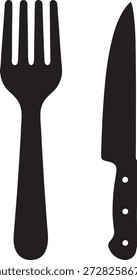 Minimale schwarze Gabel und Messersilhouette einzeln auf weißem Hintergrund, die Besteck, Speisen, Restaurantkonzept, Speiseservice und einfaches modernes Küchendesign darstellt.