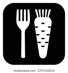 Minimal black glyph icon representing vegetarian food with fork and carrot symbol. Ideal for apps, menus, labels, dietary guides, and modern UI design focused on healthy and plant-based lifestyles.