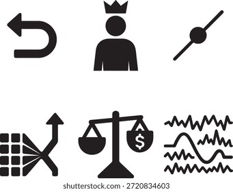 Conjunto de íconos de glifo negro mínimo con análisis de negocios y símbolos de interfaz que incluyen avatar de líder de flecha Deshacer con corona, flecha de crecimiento de exportación de datos de control de ajuste, escala de equilibrio financiero y análisis de ondas de datos. Iconos vectoriales sólidos y limpios diseñados para paneles UIUX, plataformas de tecnología financiera, presentaciones comerciales y aplicaciones de Web modernas. Ilustración vectorial EPS totalmente escalable con diseño plano y minimalista.