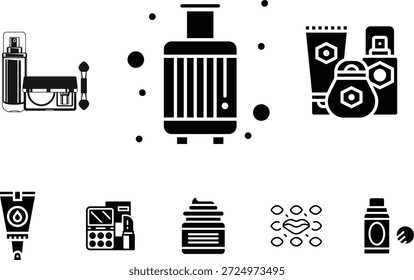 Minimal black glyph icon set of beauty, skincare, makeup, and cosmetic products in a clean modern style.