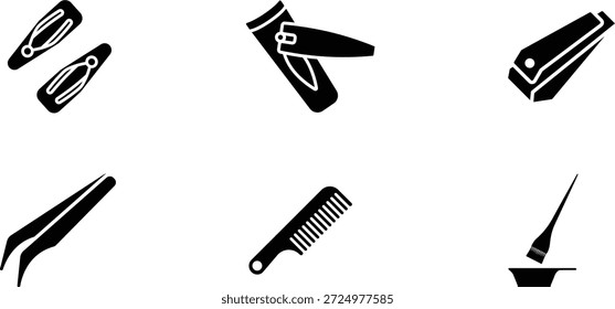 Ícone de glifo preto mínimo conjunto de estilo de cabelo e salon ferramentas, incluindo clipes, pente, pinça, secador, alisador e pincel de cor.