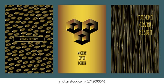 Minimal black and gold covers set. Template with elements of optical illusions. For flyer, cover notebook, brochure, book, leaflet, booklet, card, poster, print. 