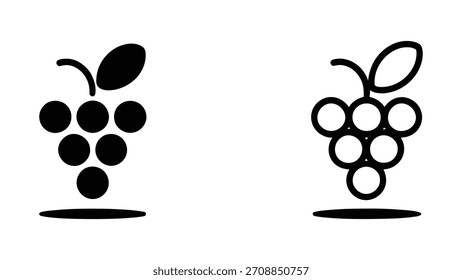 Un conjunto de íconos de uva negra minimalista con dos siluetas de frutas modernas con simples racimos circulares de uva y Formas de hojas limpias, perfecto para logotipos, etiquetas, gráficas de alimentos saludables, empaques y Vector
