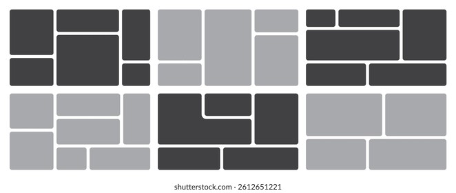 Minimal Black and Grey Bento Grid Layout Vector Set with Transparent Background, Modular Abstract Collage Design Templates, Editable UI Wireframe Bento Boxes for Modern Web Layouts and Social Media