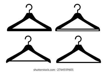 Minimal black hanger icon set designed for clothing stores, wardrobe organization, and fashion applications. Clean vector shapes suitable for websites, mobile apps, and branding materials.