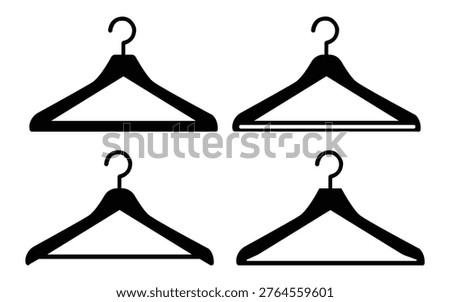 Minimal black hanger icon set designed for clothing stores, wardrobe organization, and fashion applications. Clean vector shapes suitable for websites, mobile apps, and branding materials.