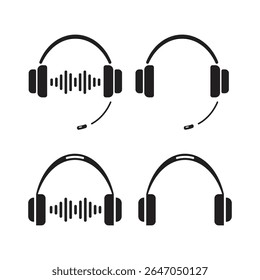 Minimal black headphone and headset icon set with sound wave and mic. Perfect for music apps, podcasts, audio tools, and communication design