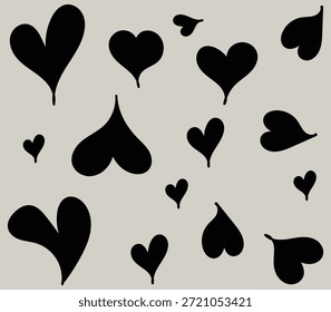 Minimal schwarze Herzformen Muster auf beigem Hintergrund für moderne romantische Design-Nutzung, schwarze Herzen nahtloses Muster auf neutralem beigem Hintergrund für Liebe Themen-Designs, handgezeichnete schwarze Herz Silhouetten wiederholendes Muster auf weichbeigem Hintergrund Illustration