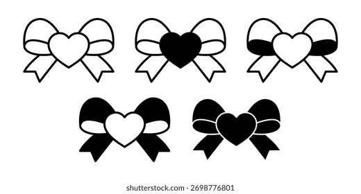 Paquete de icono negro mínimo de la cinta y el corazón que representa la decoración y el romance del día de San Valentín.