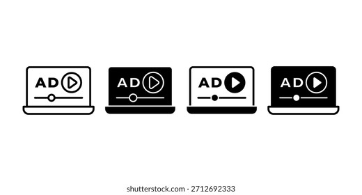 Paquete Video de ícono negro mínimo que muestra publicidad en la pantalla del ordenador portátil que simboliza la campaña digital y la promoción en línea. Ideal para marketing visual y marca creativa.