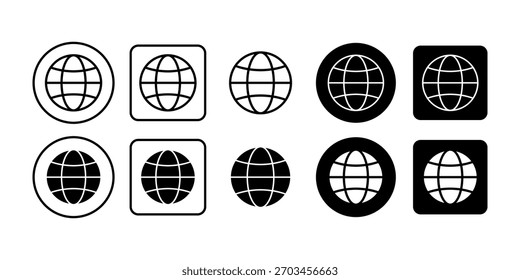 Minimales schwarzes Symbol eines Globussymbols, das Welt, Internetverbindung und internationale Kommunikation repräsentiert.