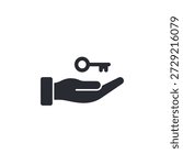 Minimal black icon of a hand holding a key. Symbol of access, trust, ownership, responsibility, or giving. Perfect for security, business, real estate, and digital interface design.