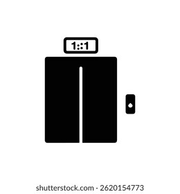 A minimal black icon of a hotel elevator with a number display, symbolizing vertical transport