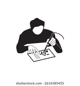 Minimal black icon of a person soldering an electronic circuit. Ideal for electronics, PCB design, or electrical engineering-related visual content and infographics.