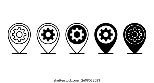 Ícone preto mínimo de pin de local de configurações representando recursos de personalização e controle.