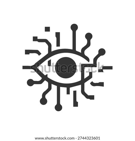 A minimal black icon of a technological eye merging human vision with circuitry symbolizing AI computer vision surveillance and bionic technology.