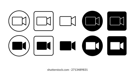 Minimales schwarzes Symbol eines Videokamerasymbols, das Videokonferenzen, digitale Besprechungen und Online-Kommunikation darstellt.